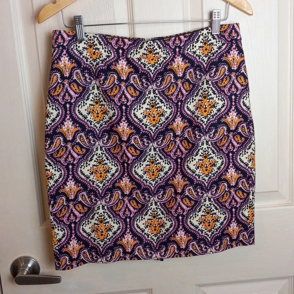J. Crew Bright Paisley The Pencil Skirt Sz 4 Pink Yellow Black Cotton